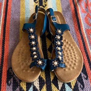 Elegant Blue Floral Sandals with pearls and buckle